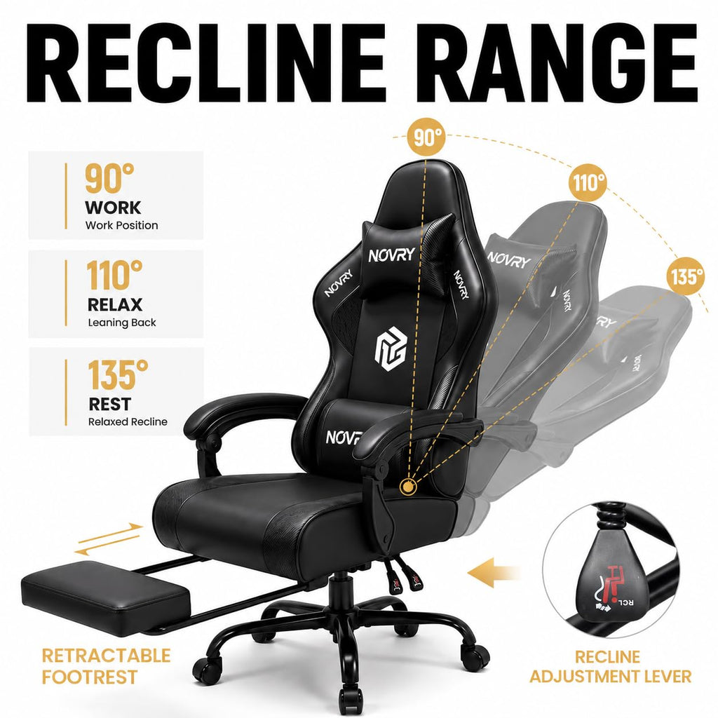 Gaming Chair for Adults with Footrest, Upgraded Ergonomic Chair, All Black