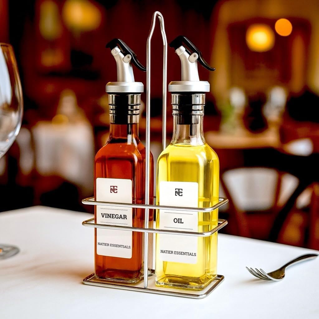 Oz Oil and Vinegar Bottle Cruet Set with Wire Caddy - 2 Pack Glass Dispenser Bottles (No-Drip Spout) - Set of 2