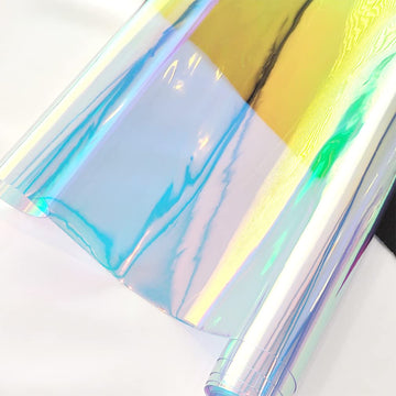 12x53 Inch Iridescent Blue PVC Vinyl Holographic Clear Synthetic Fabric Transparent Laser Rainbow for DIY Patchwork