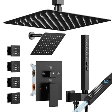 Shower System with Body Jets Matte Black, 4 Way 12+6" Shower Faucet Sets Complete with 2 in 1 Handheld,Ceiling