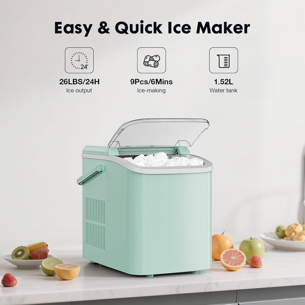 Countertop Ice Maker with Scoop, Basket and Handle, Portable Ice Machine 9 Ice Cubes Ready in 6 Mins, 26.5lbs