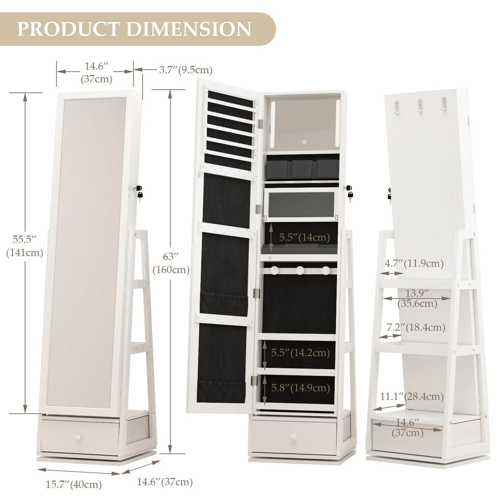 Rotatable Full Length Mirror Jewelry Cabinet Standing With Built-In Mirror - 63.7"H Lockable Jewelry Armoire With