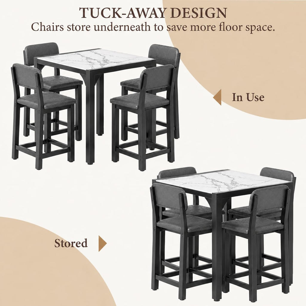 5-Piece Counter Height Dining Table Set for 4, Marble-Look, Grey
