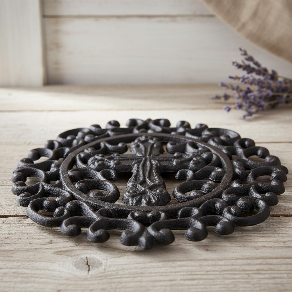 9" Round Cross Decorative Cast Iron Trivet, Religious Hot Pot Holder, Vintage Style Teapot Stand & Hot Pad, Heavy