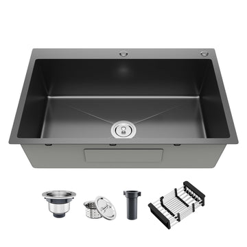 33"x19" Black Drop- Sink | Topmount Single Bowl Kitchen Sink, 9" Deep Stainless Steel Modern Kitchen Sinks with Nano