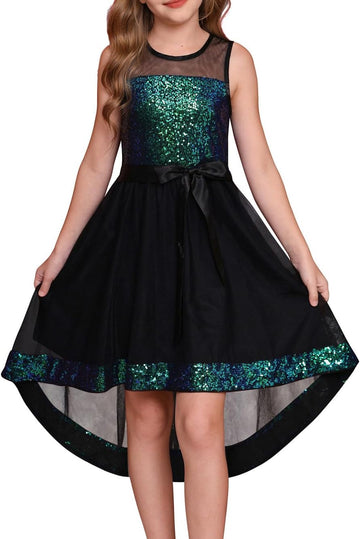 Girls Sequin Party Formal Dress Wedding Guest Sparkle Fancy Birthday Tulle High Low Prom Dresses