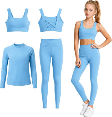 Girls 3 Piece Activewear Set with Sports Bra, Top and Leggings