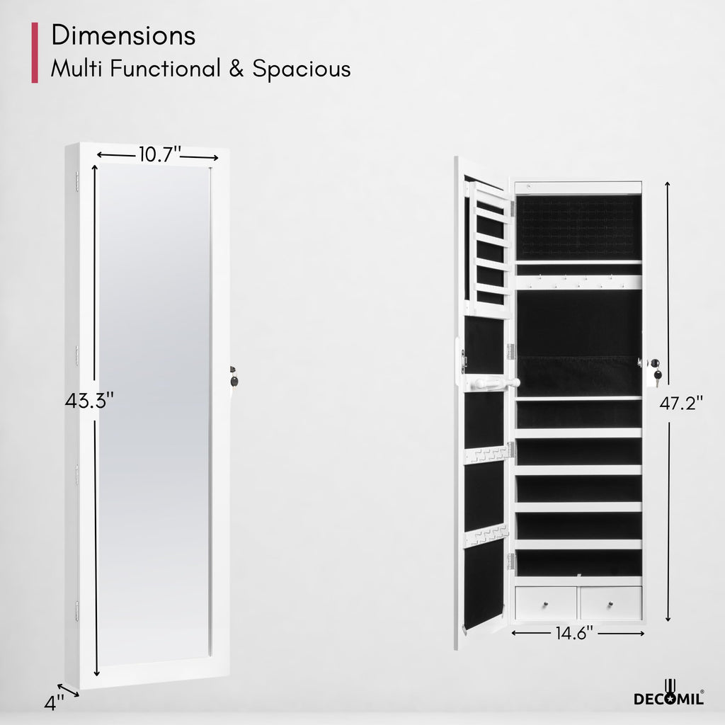 LED Light Jewelry Cabinet Armoire with Mirror, Large Storage 57" Tall Mirrored Armoire Box Necklace Ring 27 Hook