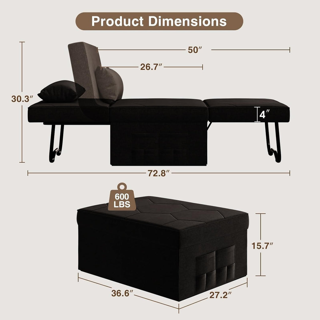4 In 1 Convertible Sleeper Sofa Chair (DBlack, 72.4''L x 36.6''W x 15.7''H)