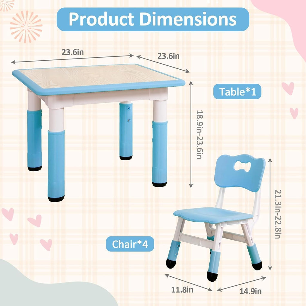 Modern Kids Table and 4 Chair Set,23.26" Height Adjustable Toddler Tables and 4 Chairs with Non-Slip Desk