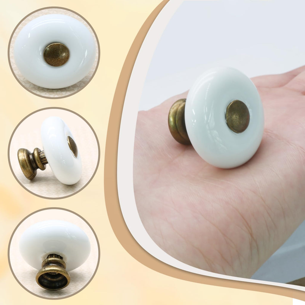6pcs White Ceramic Cabinet Knobs, Large Round Drawer Knobs