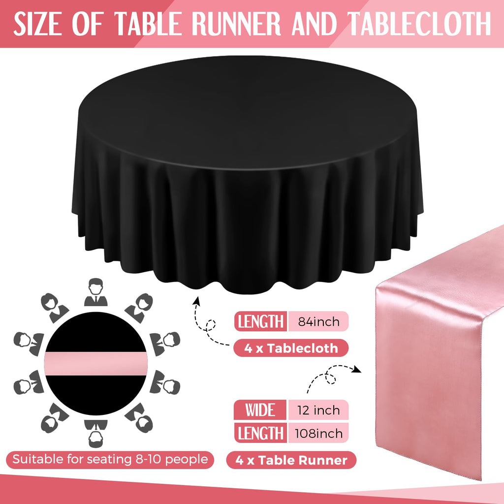 8 Pcs Black and Rose Gold Round Tablecloth and Satin Runner Set