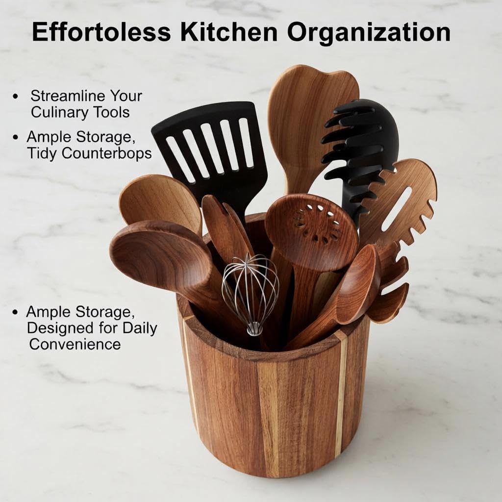 360° Rotating Acacia Wood Kitchen Utensil Holder, Large Capacity Countertop Cooking‐Tool Organizer with Non‐Slip Base