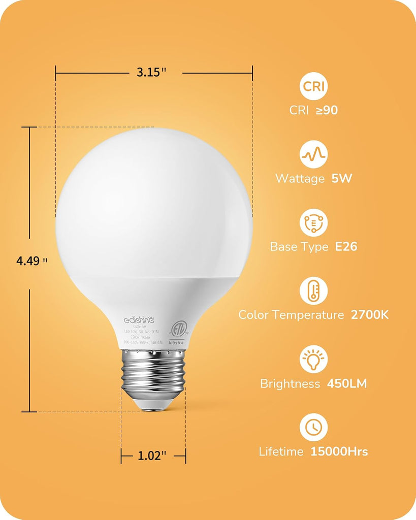 Vanity Light Bulbs, G25 LED Bathroom Light Bulbs, 25 Watt Equivalent Globe Light Bulb, CRI90+ 2700K Warm White 450LM