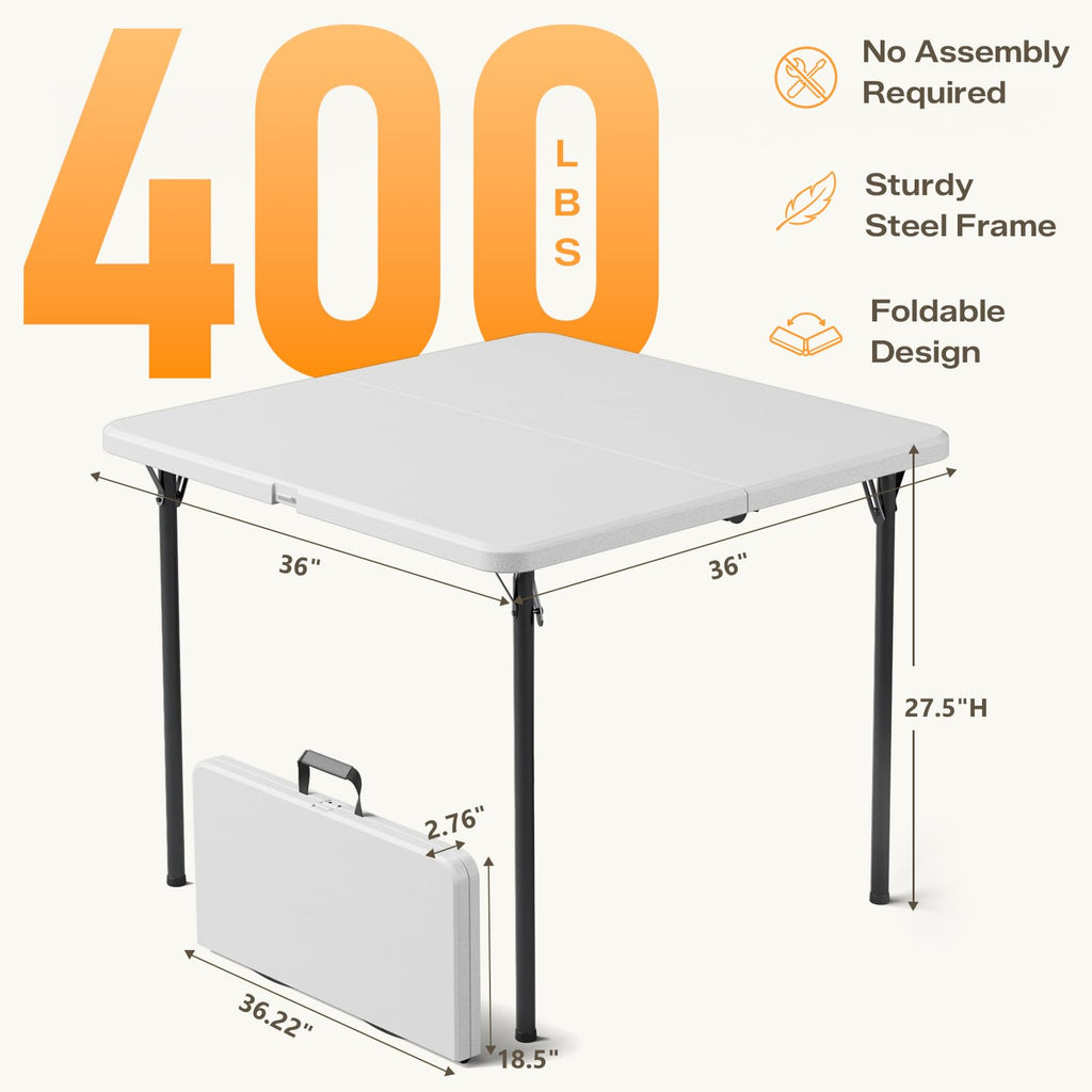 36" Folding Table, Portable Square Folding Card Table with Carrying Handle, Heavy Duty Plastic Foldable Event Table