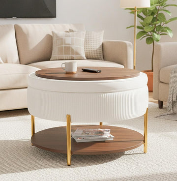 28.5 Inch Round Coffee Table Ottoman with Storgae | Modern Large Upholstered Circle Storgae Ottoman with Removable