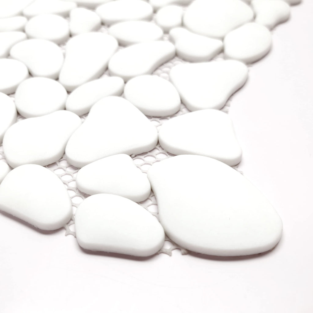 Pebble Tile for Shower Floor Border Kitchen Bathroom Backsplash, White Recycled Glass Marble Stone Looks