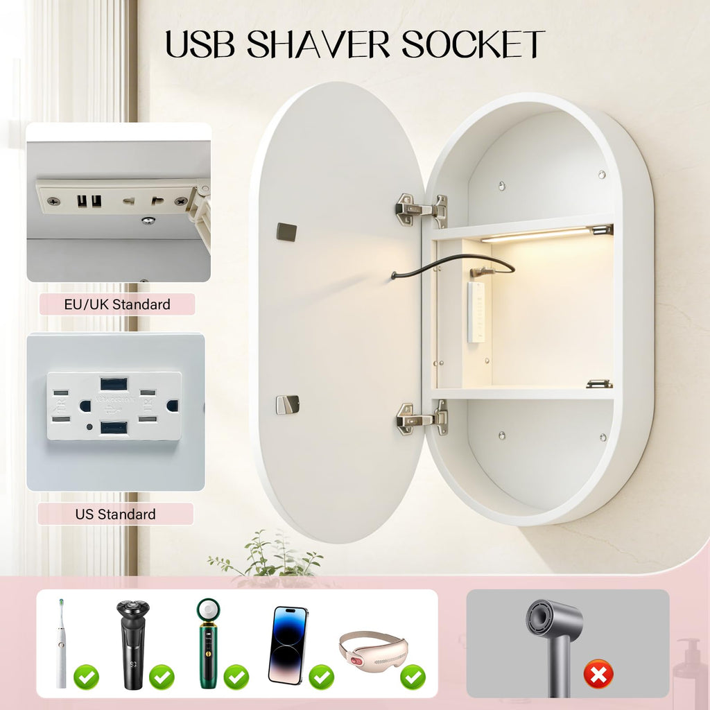Oval Medicine Cabinet with Light, LED Medicine Cabinet, USB Shaver Socket, Internal Light, Steel with Powder Coating, Soft