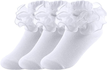 Big Girls Lace Socks Shimmering Cute Ruffle Comfortable Frilly Dress Ankle Socks 3 Pairs