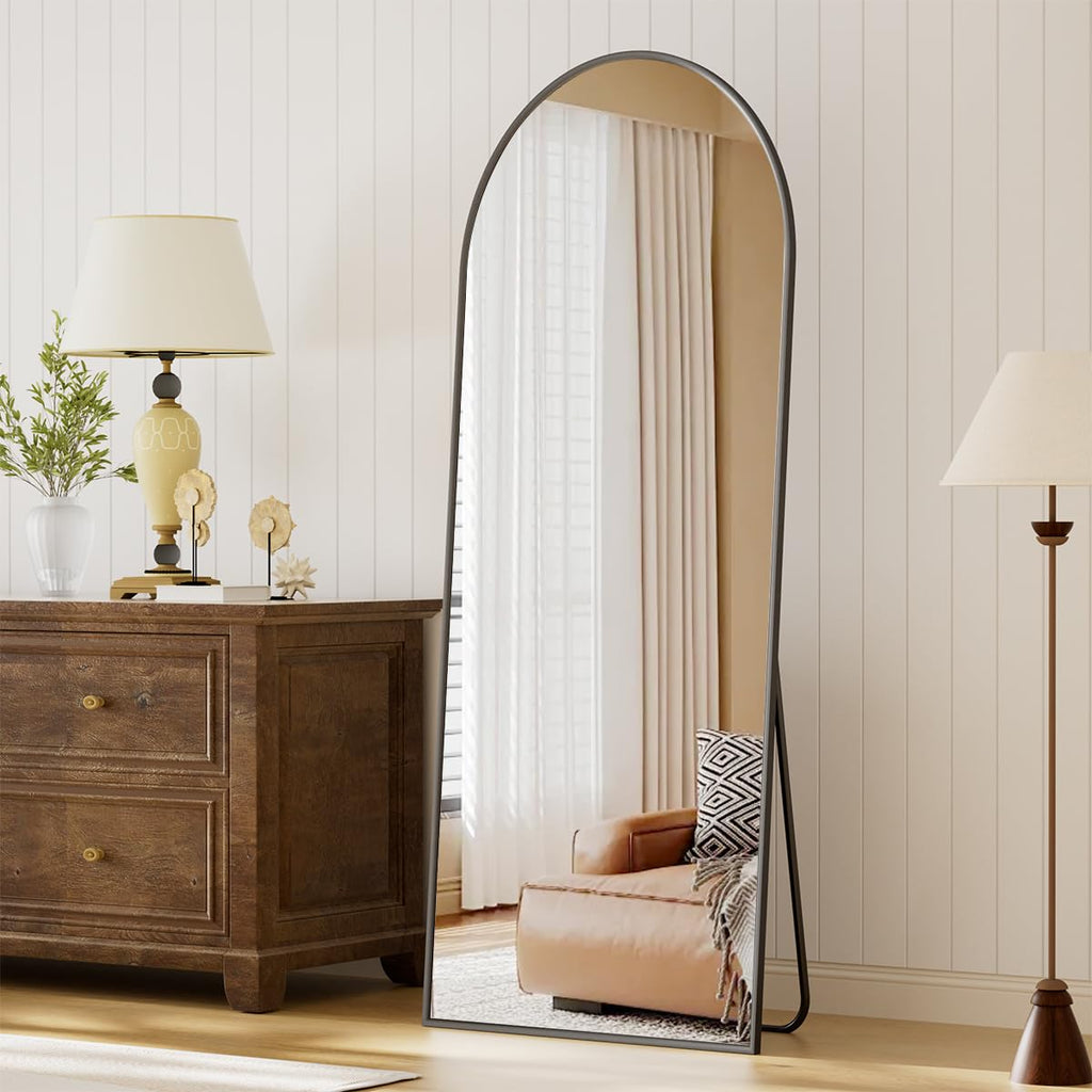 Arched Full Length Mirror, 64" x 21" Arch Black Floor Mirror with Stand