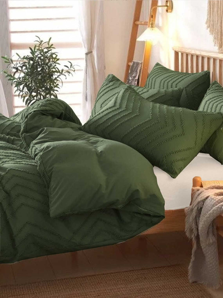King Size Comforter Set Dark Green Tufted Boho Soft Shabby Chic Reversible Down Alternative Microfiber Bedding Set