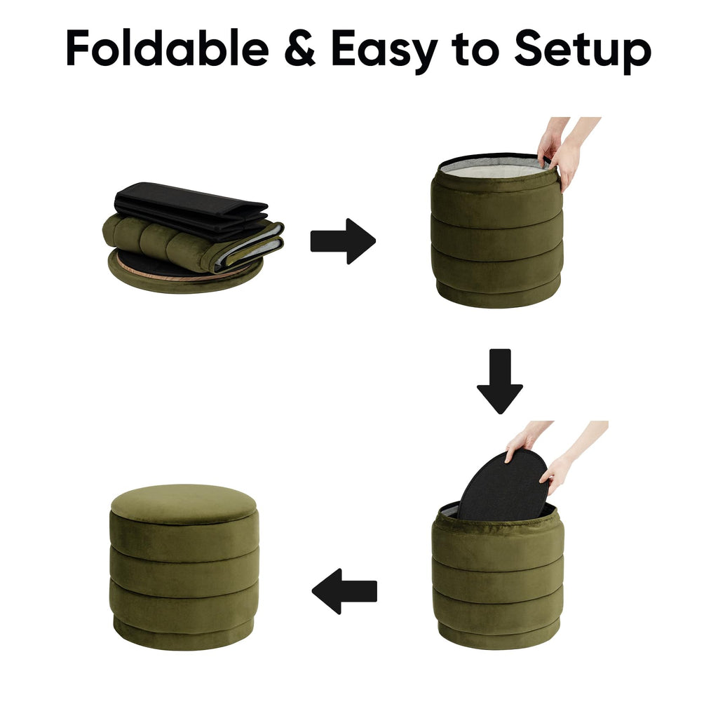 Round Storage Ottoman, 15.4" Velvet Footstool, Olive Green