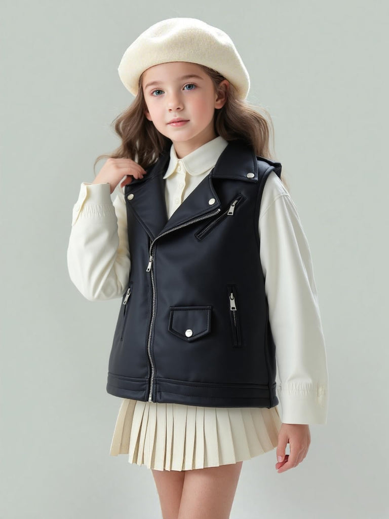 Kids Faux Leather Motorcycle Vest Sleeveless Biker Coat Black