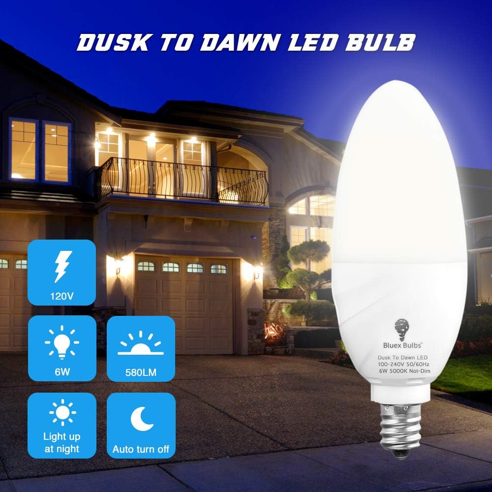 6 Pack BlueX Dusk to Dawn LED Bulbs, 6W E12 Base Light Bulb - 65W Equivalent - 5000K Daylight White - Smart Light