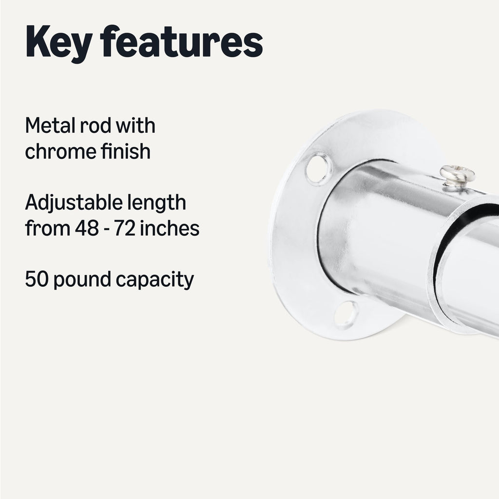 Adjustable Length Clothes Hanging Rod, Chrome, 48" to 72"