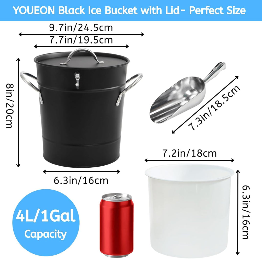 4L Ice Bucket with Scoop and Lid, Double Walled Insulated Wine Bucket Chiller with Carry Handles, Beverage Tub