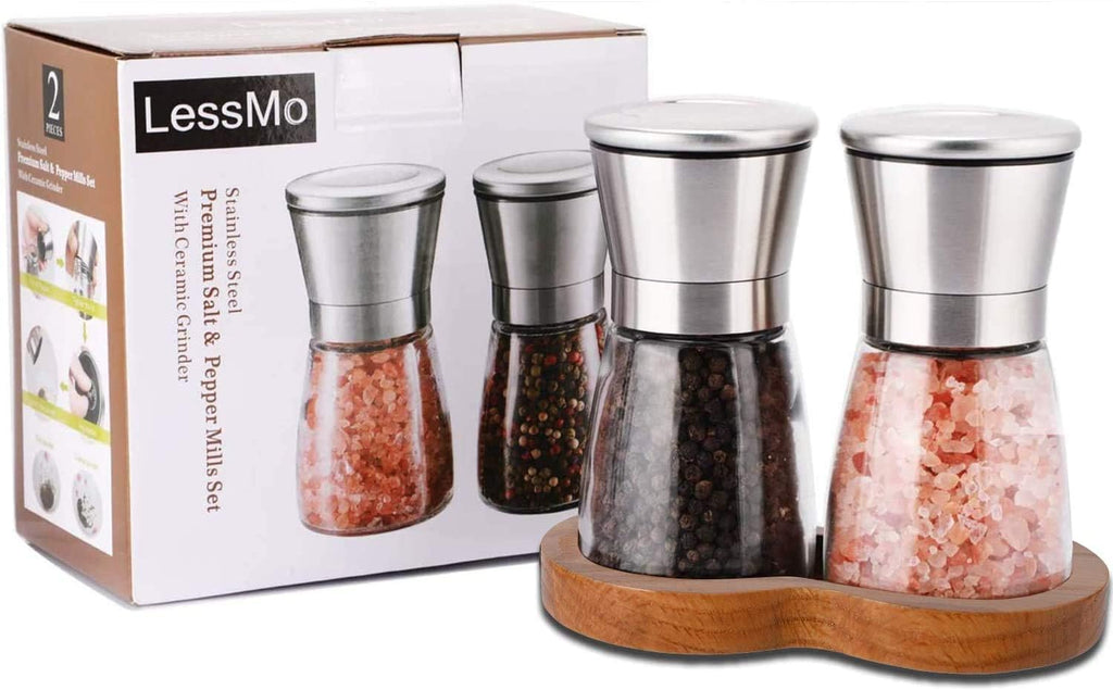 Salt and Pepper Grinder Set with Wooden Standing Tray, Refillable Pepper Mill Set - Brushed Stainless Steel - Short - Set of 2