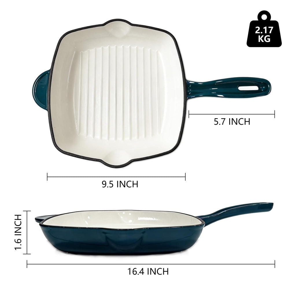 Enameled Cast Iron Steak Grill Pan, Square Skillet with Drip Spout, Oven-Safe & Stovetop Safe (Peacock Blue, 9.5 inch)