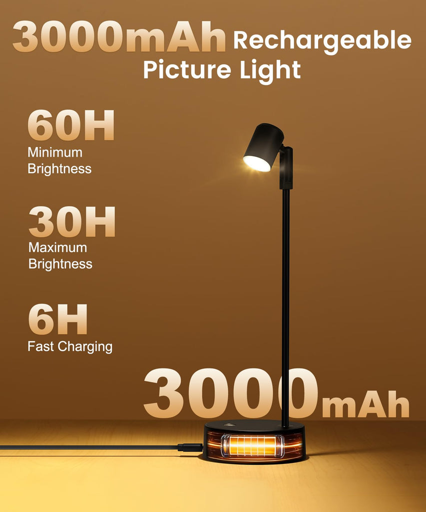 Wireless Battery Operated Picture Light for Wall, 3 Color LED Art Lighting for Paintings, Magnetic Rechargeable