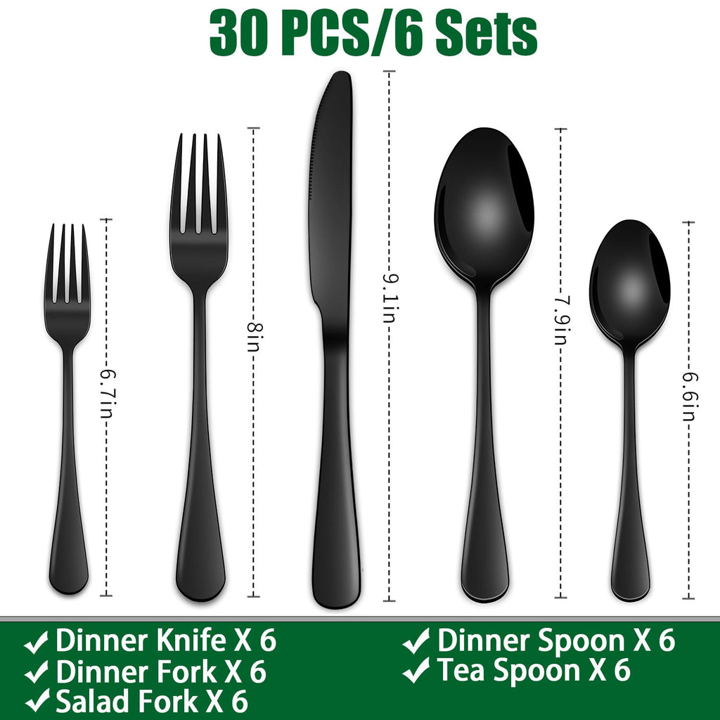 30 PCs Flatware Sets,Black Stainless Steel Silverware Sets Service For 6 Person,Durable Cutlery Sets