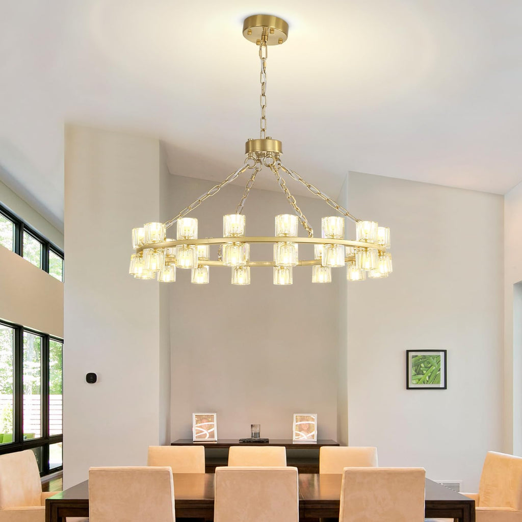Inspired Arcachon Style Round Wagon Wheel Chandelier, 32" 32-Light Gold, Extended 32" Chain — Foyer, Dining & Living Room