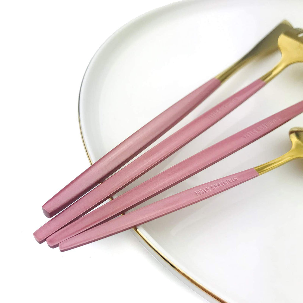 24Pcs Gold Mirror Silverware Flatware With Pink Handle, 18/0 Stainless Steel Cutlery Set Utensils Kitchen Dinnerware