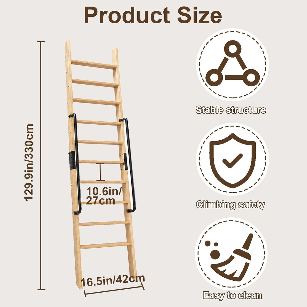 10.8FT Solid Wood Rolling Library Ladder, Industrial Style Loft Ladder with Double Handrails, 10 Steps Attic Ladder