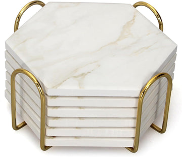 White Marble Coaster Set with Holder Hexagon Ceramic Coasters Absorbent Coasters Drink Coasters Set for Coffee - Set of 6