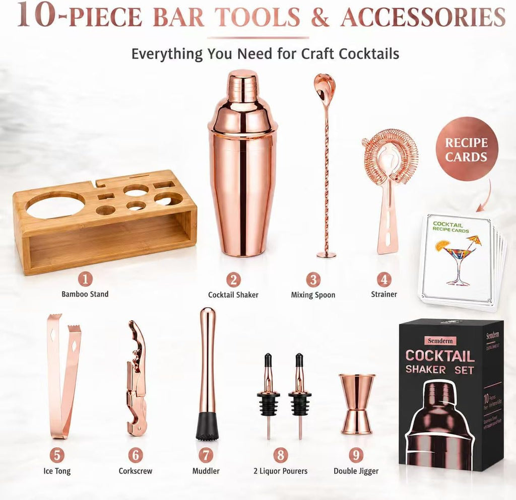 Rose Gold Cocktail Shaker Set, Premium 18/8 Stainless Steel Mixology Bartender Kit with Stylish Bamboo Stand 10-Piece - Set of 10