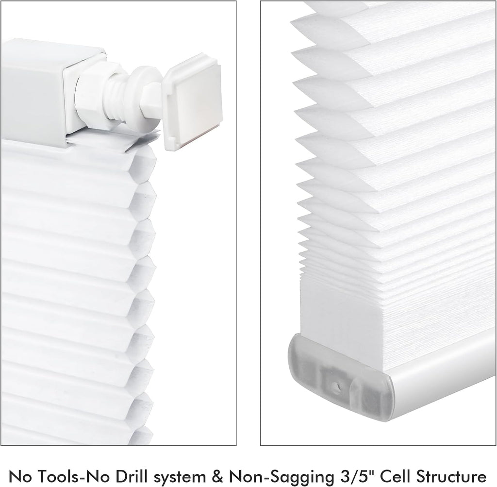No Drill Cellular Shades Light Filtering Honeycomb Blinds White | No Tool No Drill Design for Super Easy