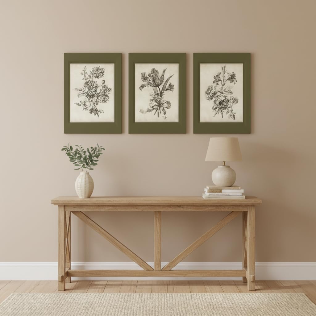 Vintage Botanical Wall Art Set of 3, Olive Green Floral Canvas Prints, Antique Flower Illustrations Bedroom Bathroom