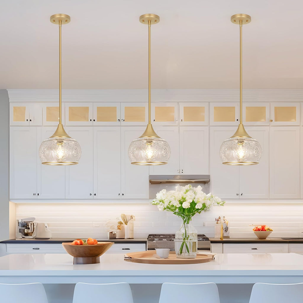 Gold Pendant Light - Modern Pendant Lights Kitchen Island with Handblown Glass, Vintage Hanging Light for Kitchen
