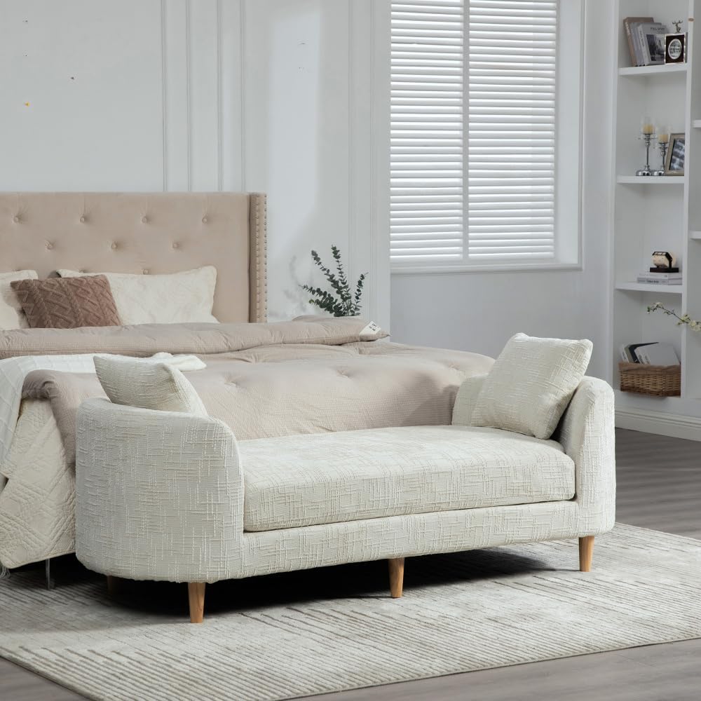 77.2" Chenille End of Bed Bench Chaise Lounge, Upholstered Bedroom Bench with Arms & Bolster Pillows, Rubberwood Legs