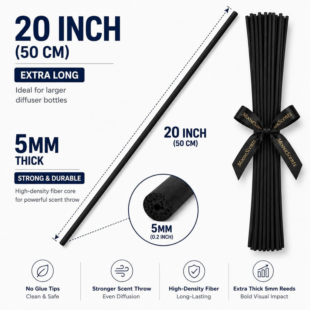 20" Extra Long Fiber Reed Diffuser Sticks, 5mm Thick, No Glue Tips, Strong Scent Throw Replacement Reeds, 20 Pack - Set of 20