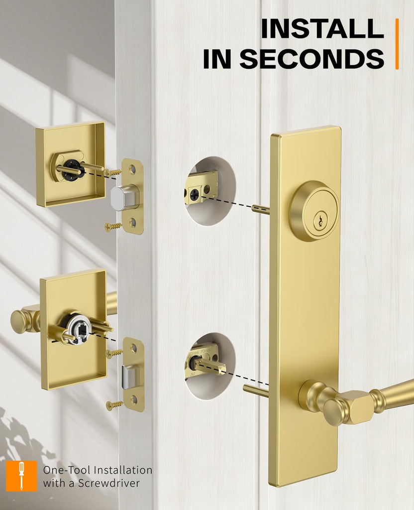 Brushed Gold Solid Heavy-Duty Front Door Handle Set with Deadbolt, Architectural Grade Modern Entry Door Lockset