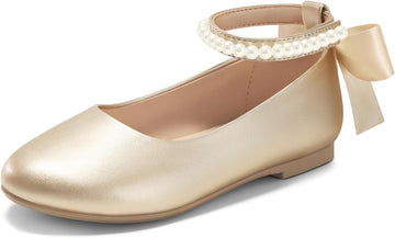 Girls Ballet Flats Pearl Ankle Strap Bow Dress Shoes