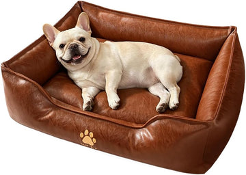 Waterproof Leather Dog Bed, Bolster Couch, 24x19x9 Brown