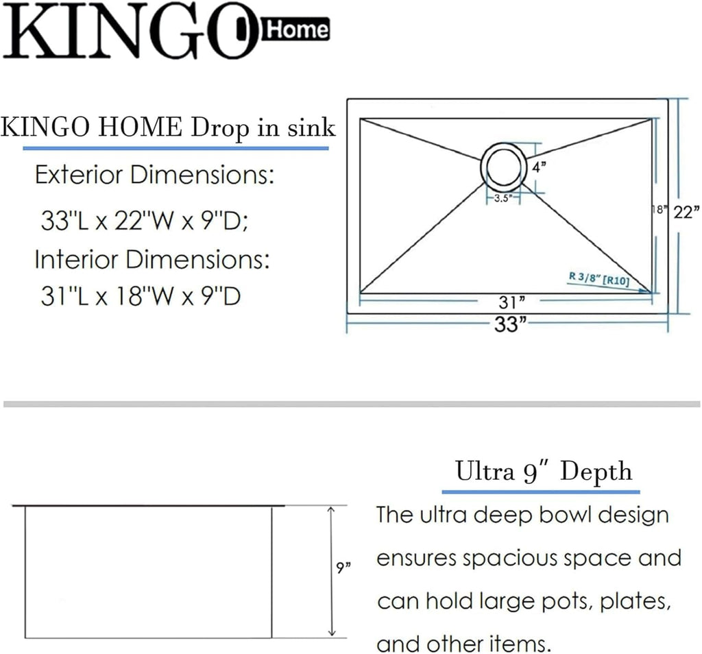 33x22 Drop Sink, Single Bowl workstation