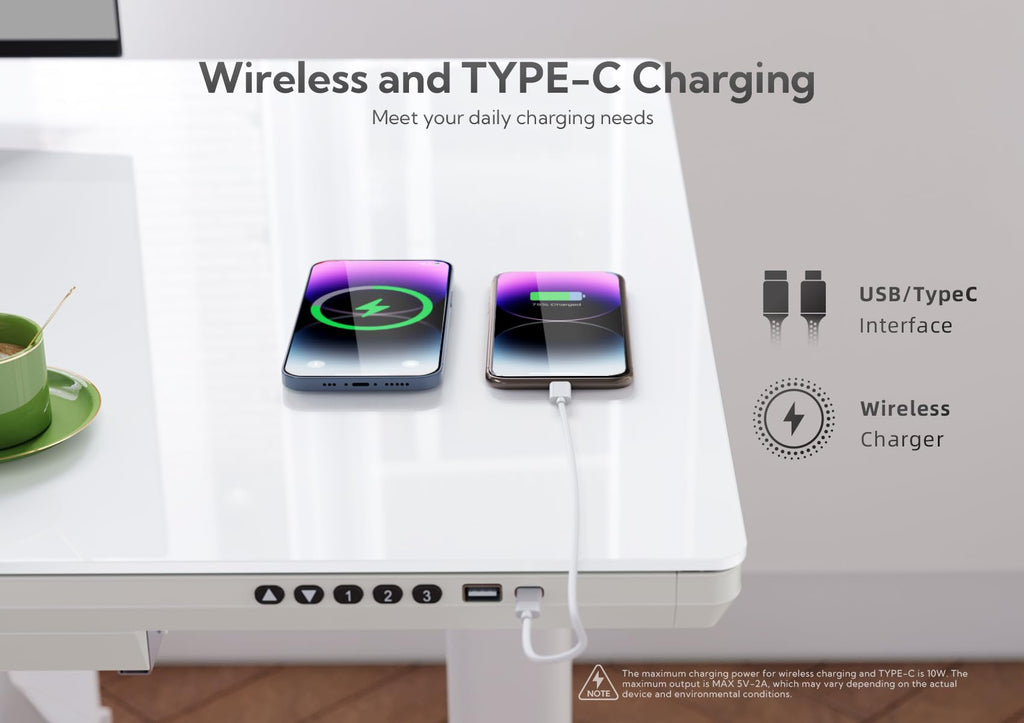 Wireless Charging Glass Standing Desk with Drawers 55×24 Inch