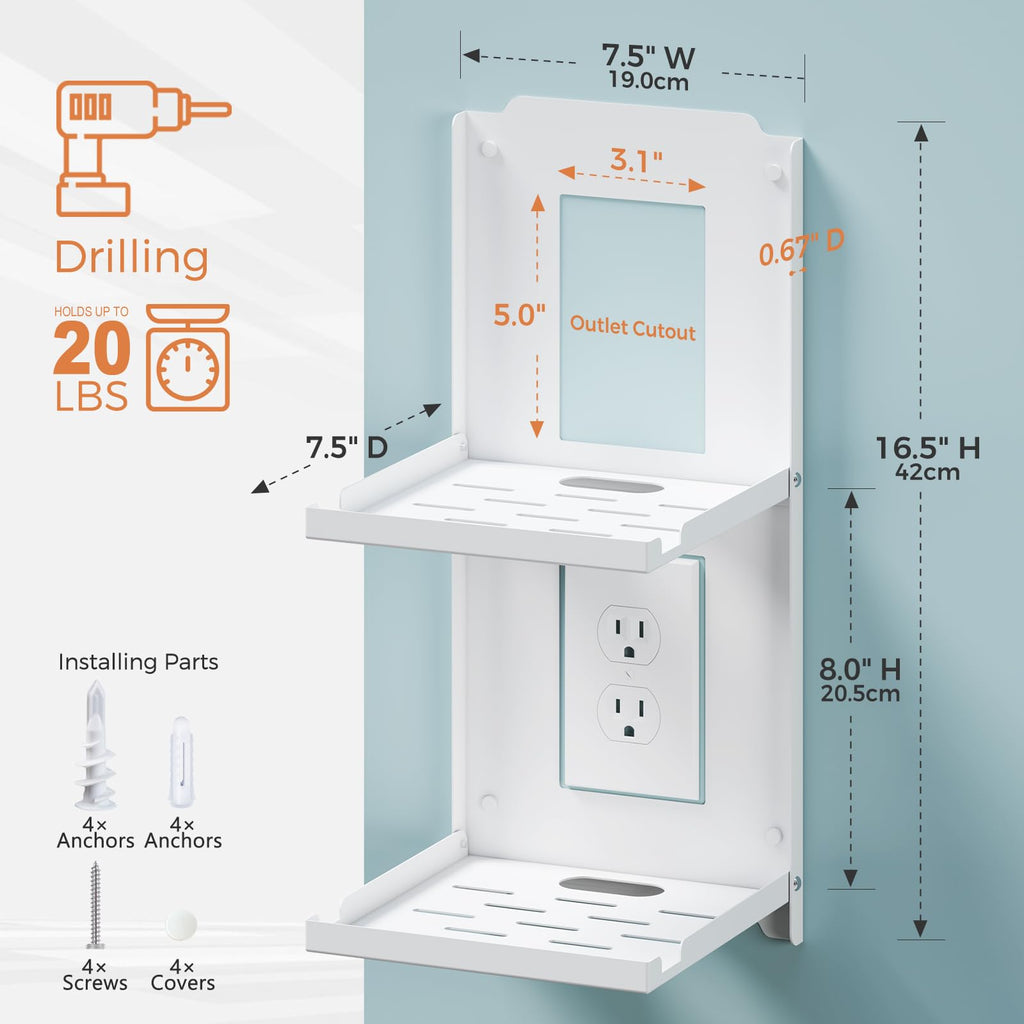 2-Tier Small Router Shelf Wall Mount - 7.5 inch Folding Metal Outlet Shelf w/Cable Holes | Dual-Layer & Stackable